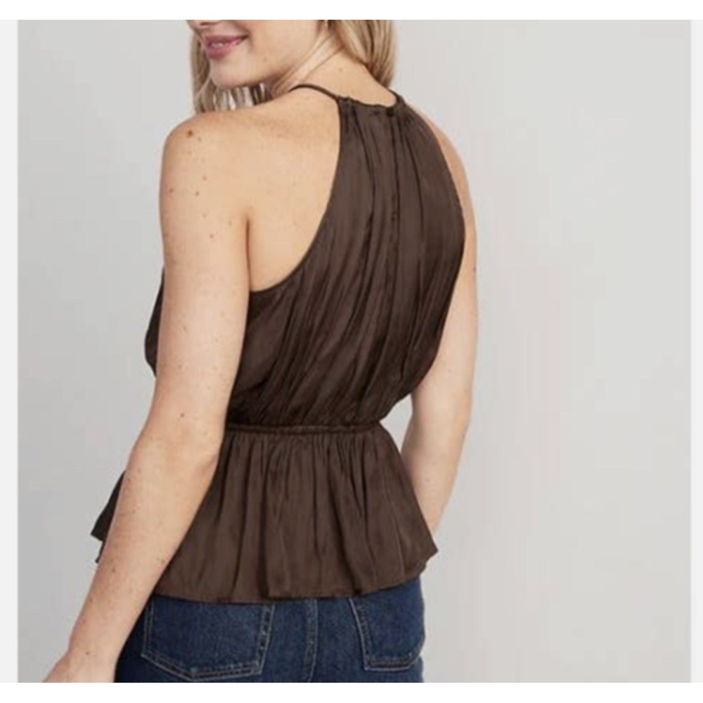 NWT Satin Old Navy Chocolate Brown Halter‎ Peplum Top Blouse Size Small - Picture 2 of 7